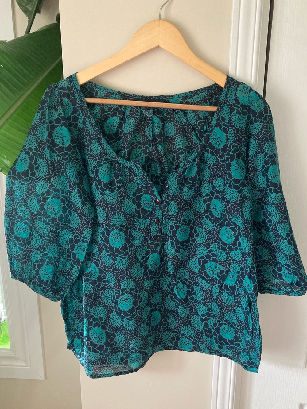 Teal Floral Cotton Blouse with Puff Sleeve